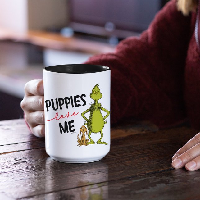 Grinch and Max | Puppies Love Me Mug (Person holding  mug)