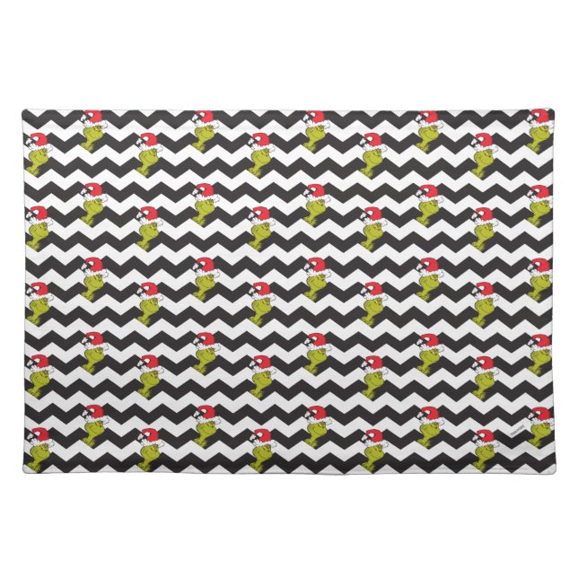 Grinch | Black & White Holiday Chevron Pattern Cloth Placemat (Front)