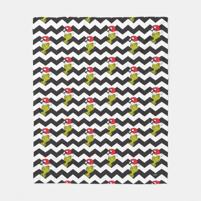Grinch | Black & White Holiday Chevron Pattern Fleece Blanket (Front)
