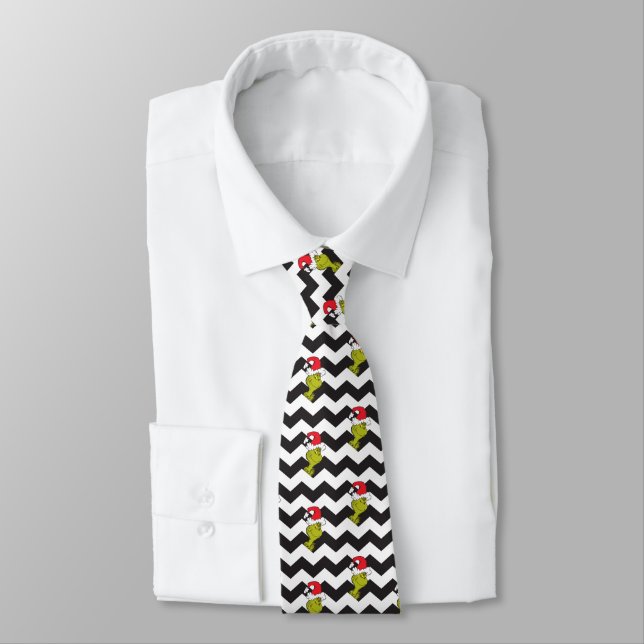 Grinch | Black & White Holiday Chevron Pattern Neck Tie (Tied)
