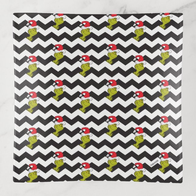 Grinch | Black & White Holiday Chevron Pattern Trinket Tray (Front)