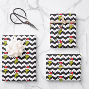 Grinch   Black & White Holiday Chevron Pattern Wrapping Paper Sheets