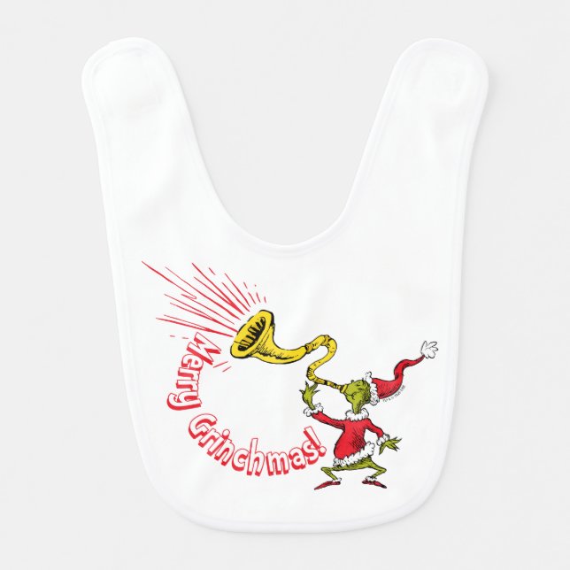 Grinch Blowing the Merry Grinchmas Horn Baby Bib (Front)