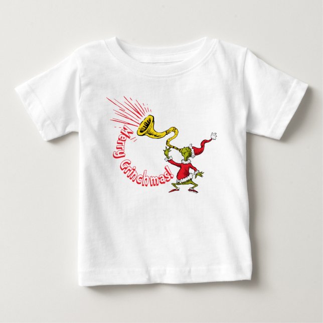 Grinch Blowing the Merry Grinchmas Horn Baby T-Shirt (Front)