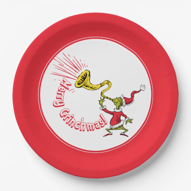 Grinch Blowing the Merry Grinchmas Horn Paper Plates (Front)