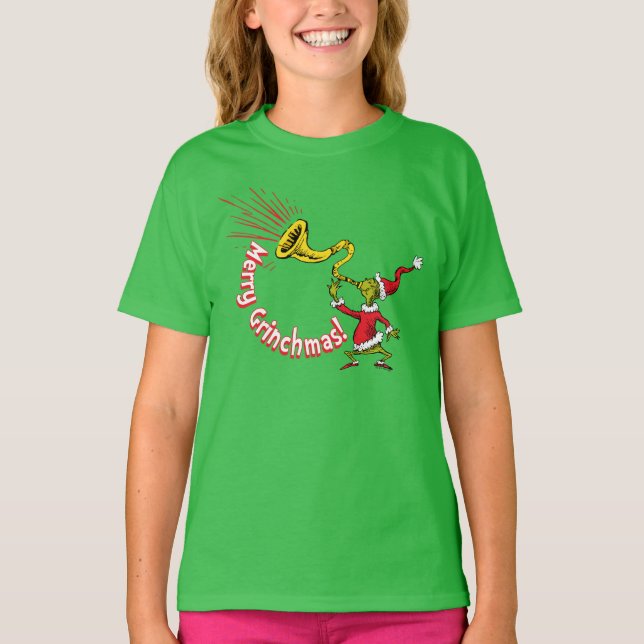 Grinch Blowing the Merry Grinchmas Horn T-Shirt (Front)