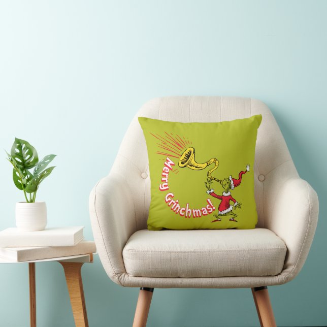 Grinch Blowing the Merry Grinchmas Horn Throw Pillow (Chair)