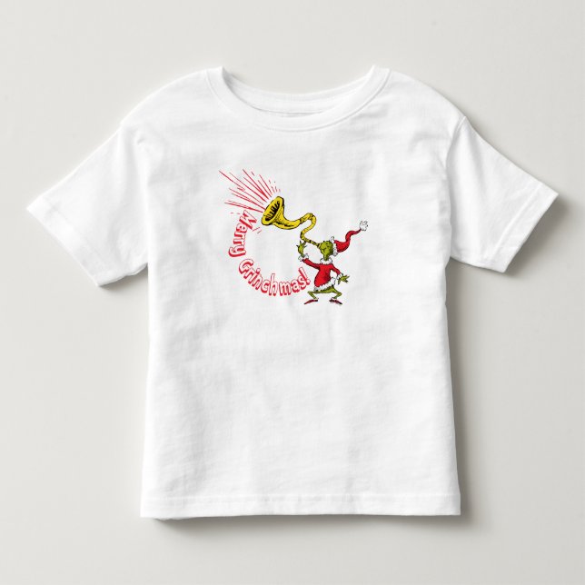 Grinch Blowing the Merry Grinchmas Horn Toddler T-shirt (Front)