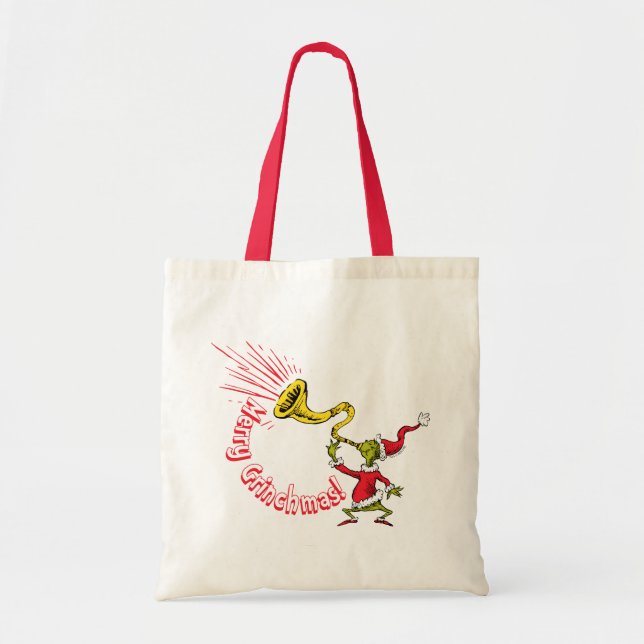 Grinch Blowing the Merry Grinchmas Horn Tote Bag (Front)