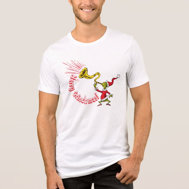 Grinch Blowing the Merry Grinchmas Horn Tri-Blend Shirt (Front)
