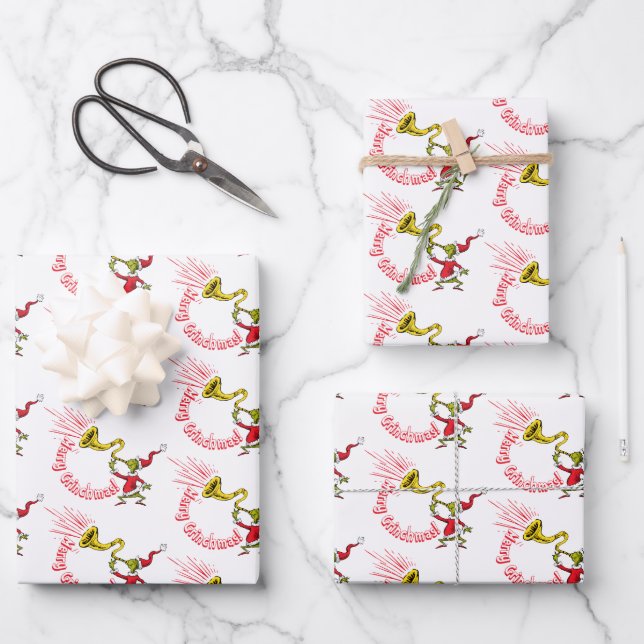 Grinch Blowing the Merry Grinchmas Horn Wrapping Paper Sheets (Front)