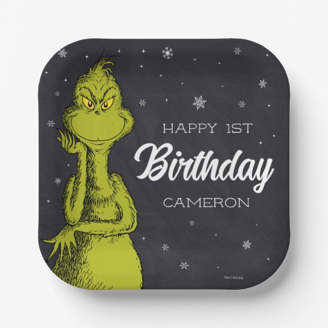 Grinch Chalkboard Birthday Paper Plates (Front)