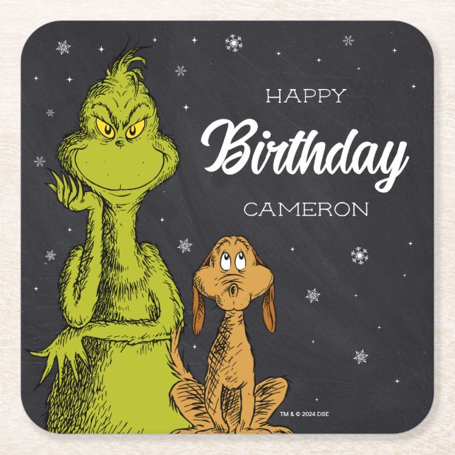 Grinch Chalkboard Birthday Square Paper Coaster (Front)