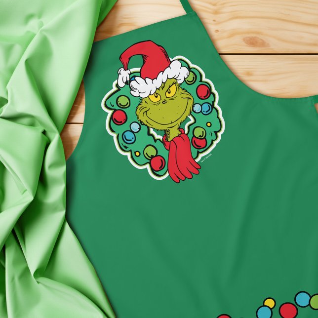 Grinch | Christmas Holiday Wreath Apron (Apron on table)