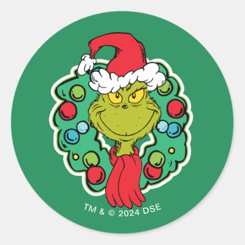 Grinch  Christmas Holiday Wreath Classic Round Sticker