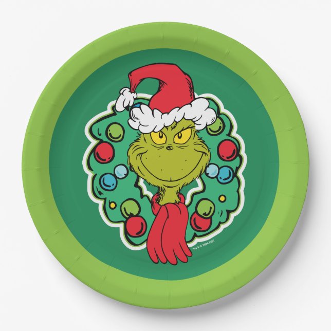 Grinch | Christmas Holiday Wreath Paper Plates (Front)