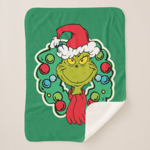 Grinch Christmas Holiday Wreath Sherpa Blanket
