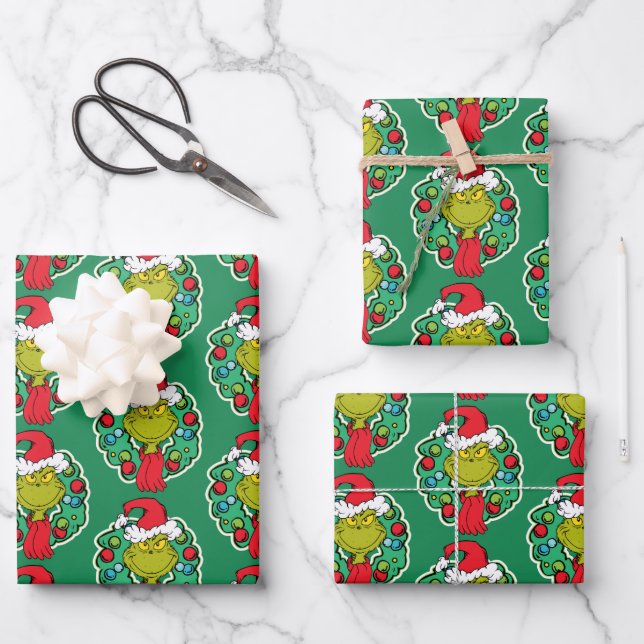 Grinch | Christmas Holiday Wreath Wrapping Paper Sheets (Front)