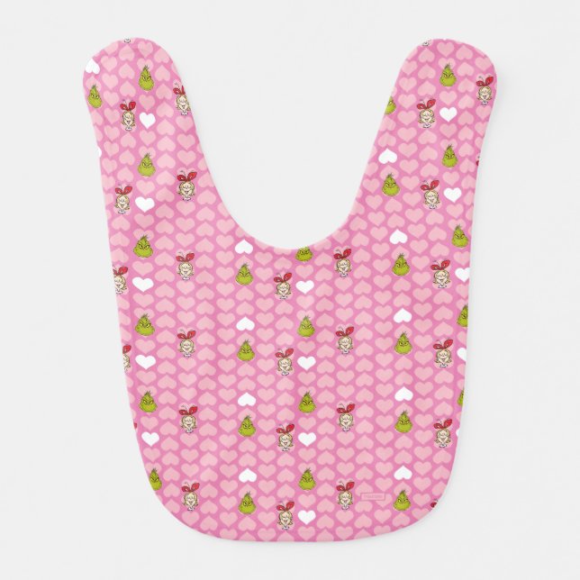 Grinch & Cindy-Lou Pink Heart Pattern Baby Bib (Front)