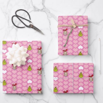 Grinch &amp; Cindy-Lou Pink Heart Pattern Wrapping Paper Sheets