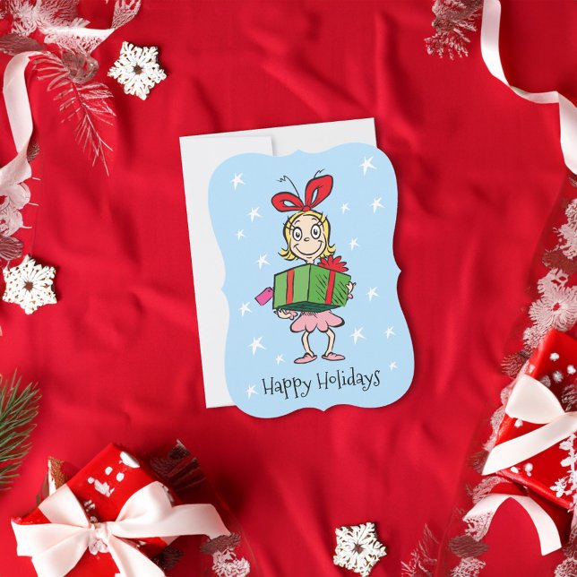 Grinch | Cindy-Lou Who - Holding Present Holiday Card (Card on table)
