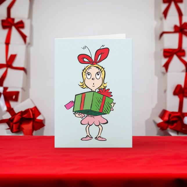 Grinch | Cindy-Lou Who - Holding Present Holiday Card (Card on table)