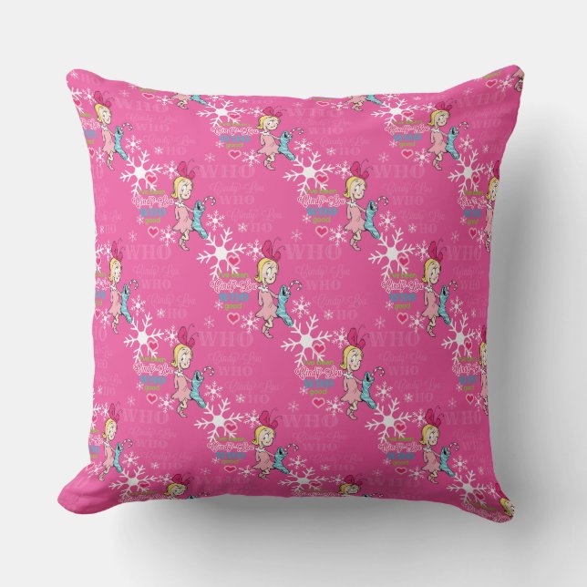 Grinch | Cindy-Lou Who Pink Holiday Pattern Throw Pillow (Front)