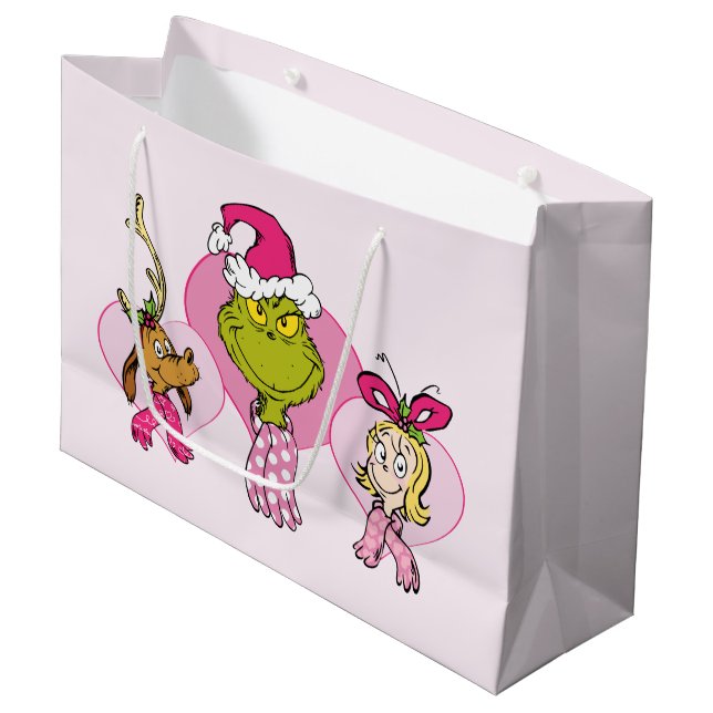 Grinch Crew in Pink Valentine's Portrait Large Gift Bag (Front Angled)