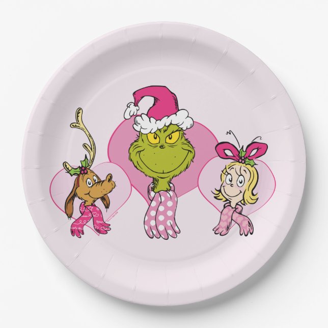 Grinch Crew in Pink Valentine's Portrait Paper Plates (Front)