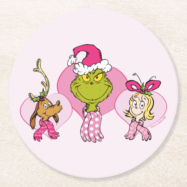Grinch Crew in Pink Valentine's Portrait Round Paper Coaster (Front)