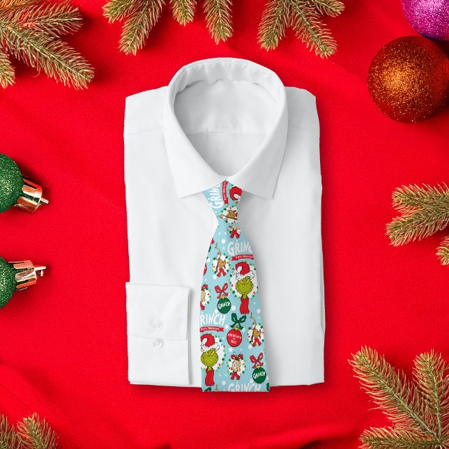 Grinch | Happy Wholidays Pattern Neck Tie (Tie on shirt over festive background)