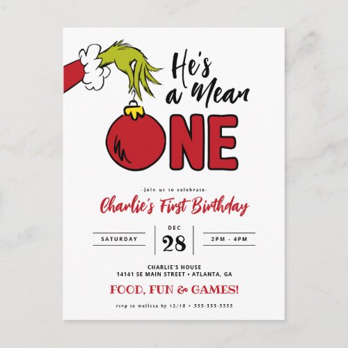 Grinch Hes a Mean One 1st Birthday Postcard