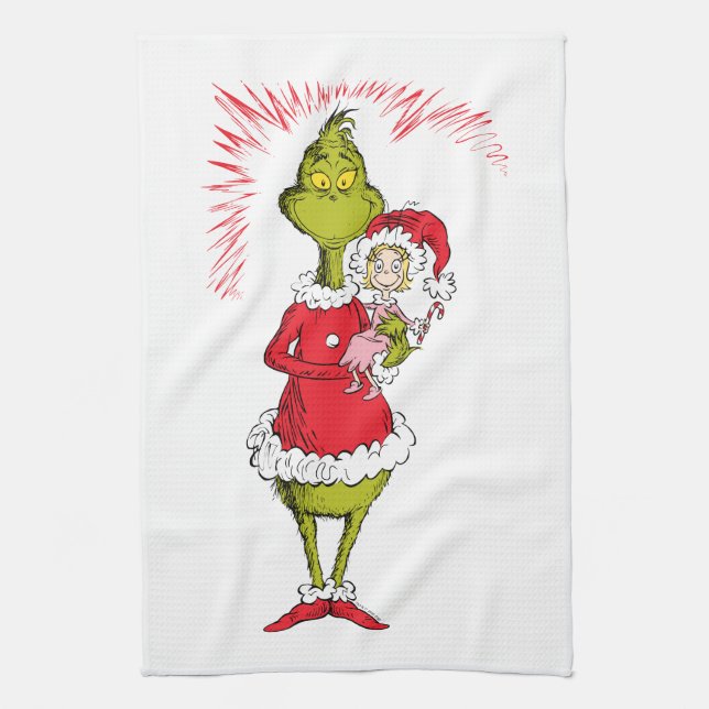 Grinch Holds Cindy Lou Who Kitchen Towel (Vertical)