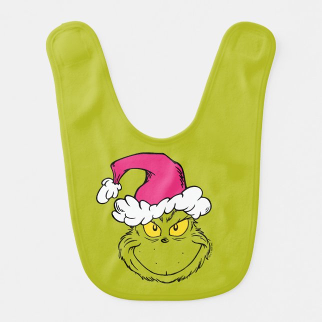 Grinch in Pink Santa Hat Baby Bib (Front)