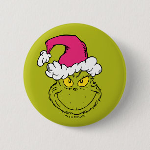 Grinch in Pink Santa Hat Button