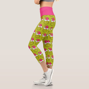 Grinch in Pink Santa Hat Capri Leggings
