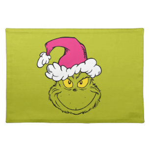 Grinch in Pink Santa Hat Cloth Placemat