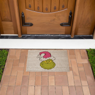 Grinch in Pink Santa Hat Fiber Doormat