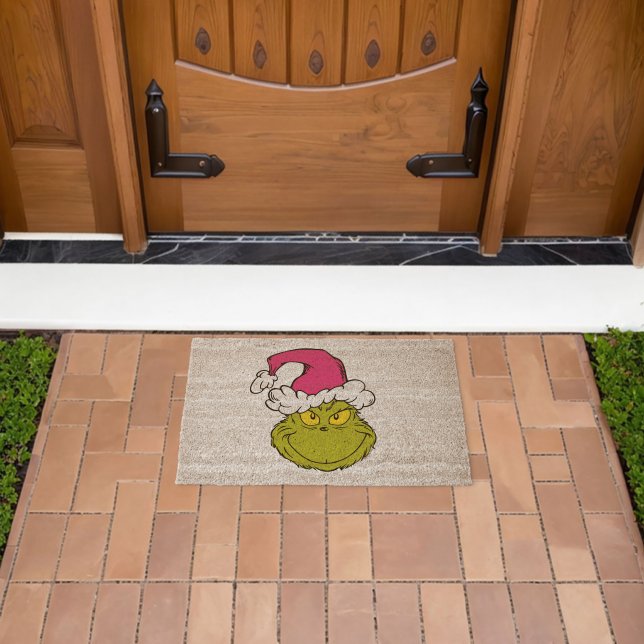 Grinch in Pink Santa Hat Fiber Doormat (Insitu (Outdoor))