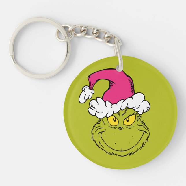 Grinch in Pink Santa Hat Keychain (Front)
