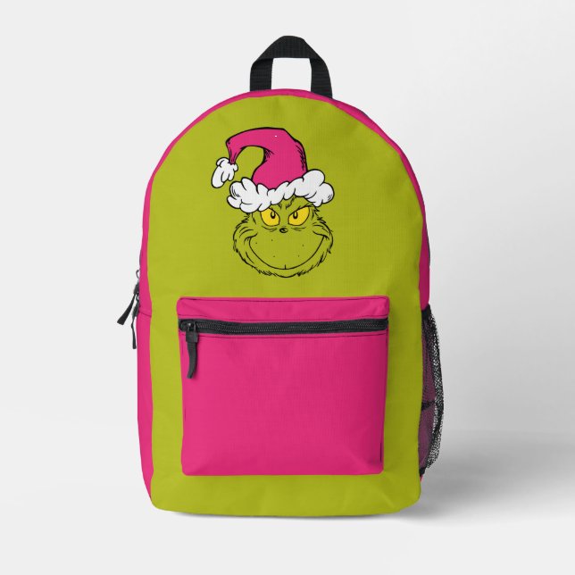 Grinch in Pink Santa Hat Printed Backpack (Front)