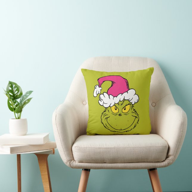 Grinch in Pink Santa Hat Throw Pillow (Chair)