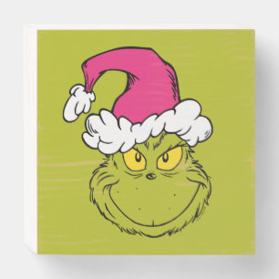 Grinch in Pink Santa Hat Wooden Box Sign