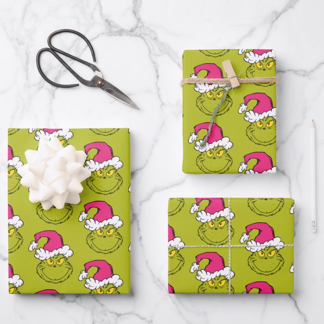 Grinch in Pink Santa Hat Wrapping Paper Sheets (Front)