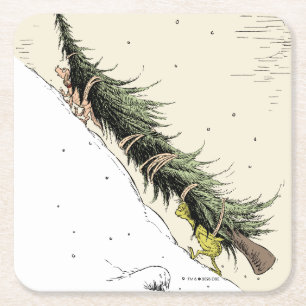 Grinch & Max Return the Christmas Tree Square Paper Coaster