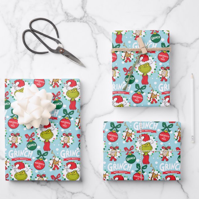 Grinch Merry Grinchmas Blue Pattern Wrapping Paper Sheets (Front)