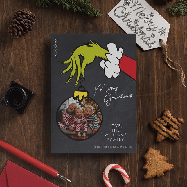 Grinch Merry Grinchmas Family Photo Christmas Holiday Postcard (Invitation on table)