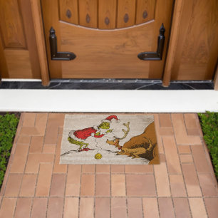 Grinch Prepares Max the Reindeer Fiber Doormat