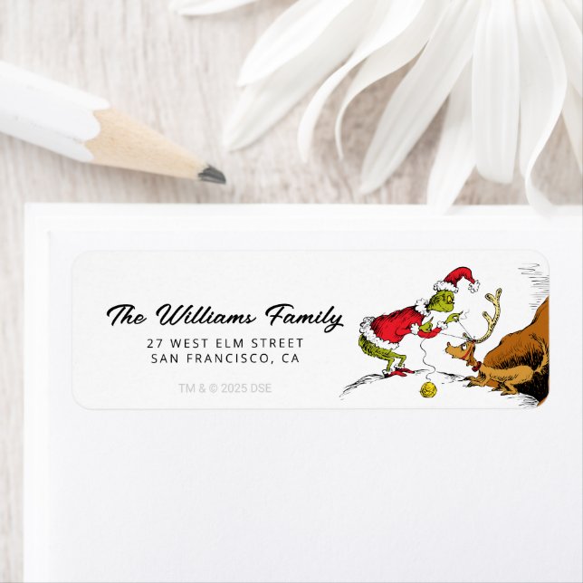 Grinch Prepares Max the Reindeer Label (Insitu)