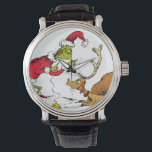 Grinch Prepares Max the Reindeer Watch<br><div class="desc">This hilarious illustration captures the precise moment the Grinch decides his dog needs an upgrade! The Grinch, dressed in his full, fuzzy Santa suit, is meticulously tying a single reindeer antler onto the head of his dog, Max, using a piece of string or yarn. Poor Max looks utterly resigned to...</div>